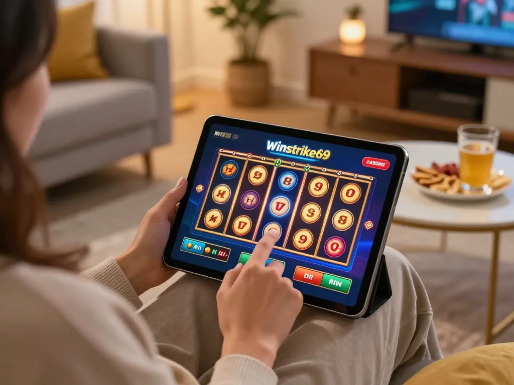 Enjoying winstrike69 on a tablet while engaging with vibrant slot game interface in a cozy home