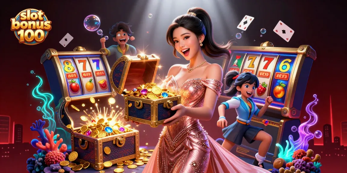 Experience the excitement of slot bonus 100 with a treasure chest overflowing with riches in an immersive casino illustration.