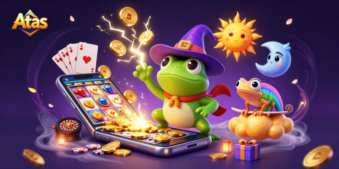 Atas casino features a golden coin storm with dynamic gaming elements and vibrant characters.
