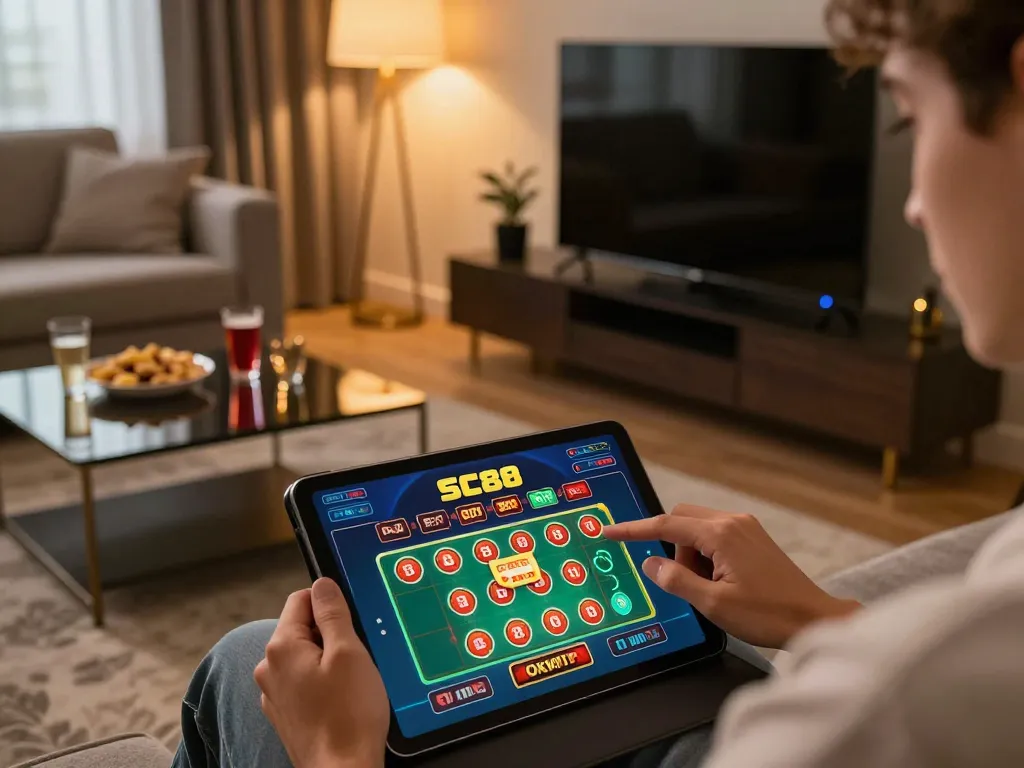 Engaged player using SC88 OKVIP app for online gambling in a stylish living room.