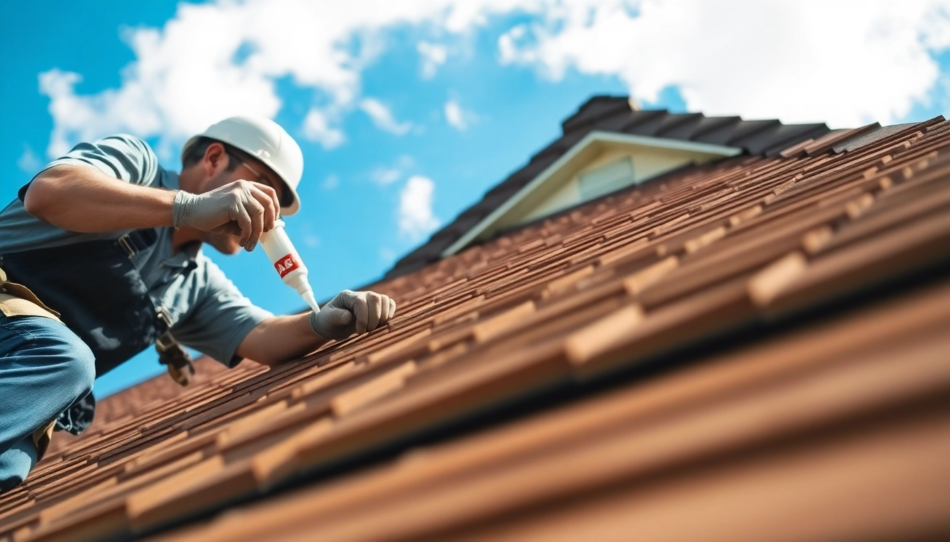 Roof repair technician applying sealant, reinforcing the importance of quality maintenance.