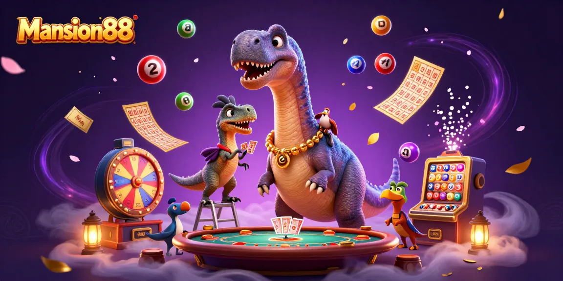 Mansion88 brontosaurus casino scene with vibrant gaming elements, dynamic and engaging for audiences.
