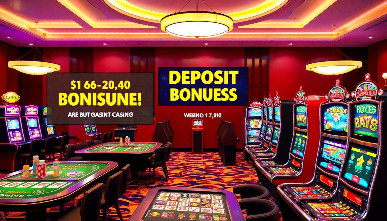 Showcase no deposit bonuses in an energetic online casino setting with vibrant gaming elements.