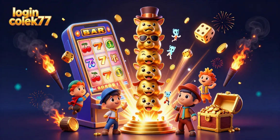 Experience the thrill of login colek77 with a vibrant casino-themed explosion, showcasing slot machines and gold treasures.