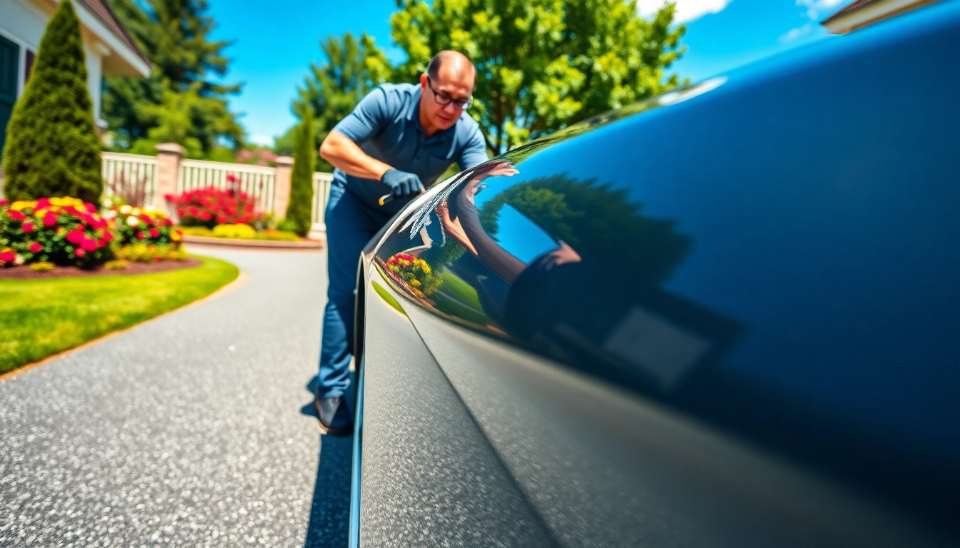 Experience professional mobile wax service enhancing the shine of a car in a beautiful garden.