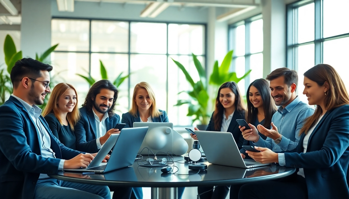 Business professionals engaged with a cloud based phone system in a modern office setting.