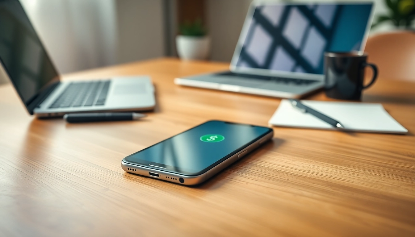 Sell your old phone for cash with a smartphone and cash symbol in a cozy office setting.