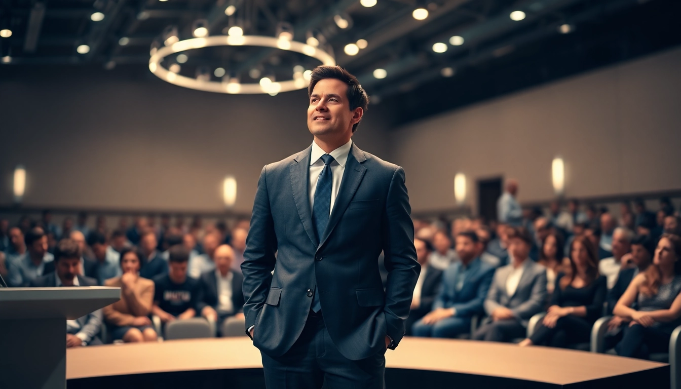 Business leader demonstrating Executive Presence while addressing an engaged audience in a conference hall.