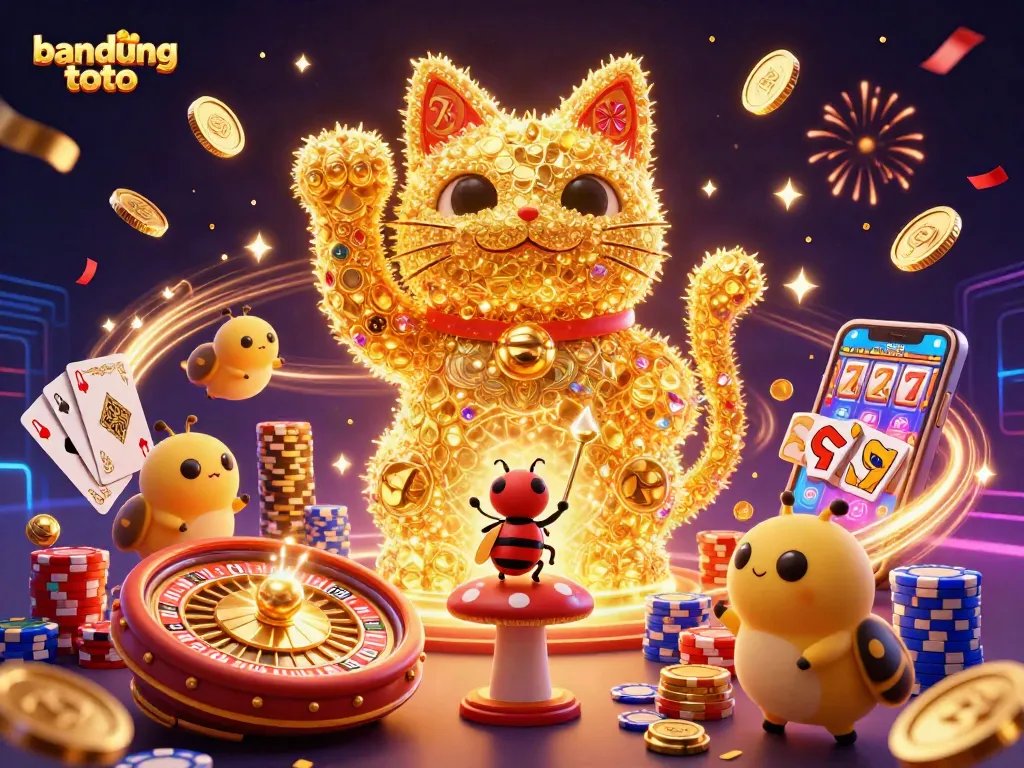 Experience thrilling gaming with bandung toto's vibrant lucky cat and casino symbols illustration.