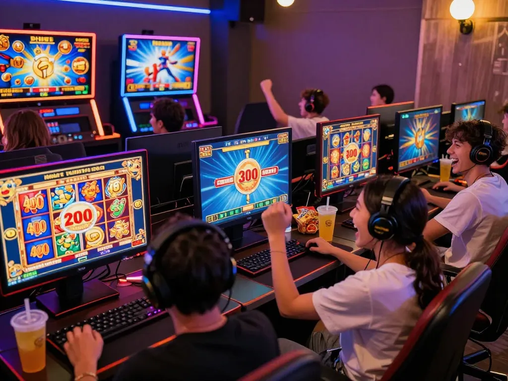 Engaging scene of gamers enjoying slot bet kecil games with cheerful ambiance and colorful screens.