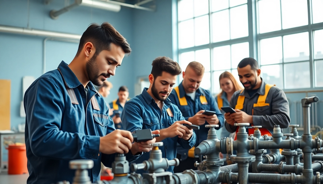 Engaged trainees in a plumbing apprenticeship working with tools in a bright training facility.