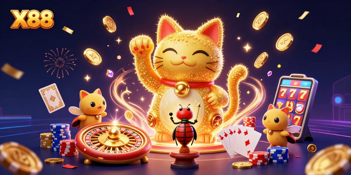 X88 casino illustration featuring a lucky cat and vibrant casino symbols, perfect for gambling enthusiasts.