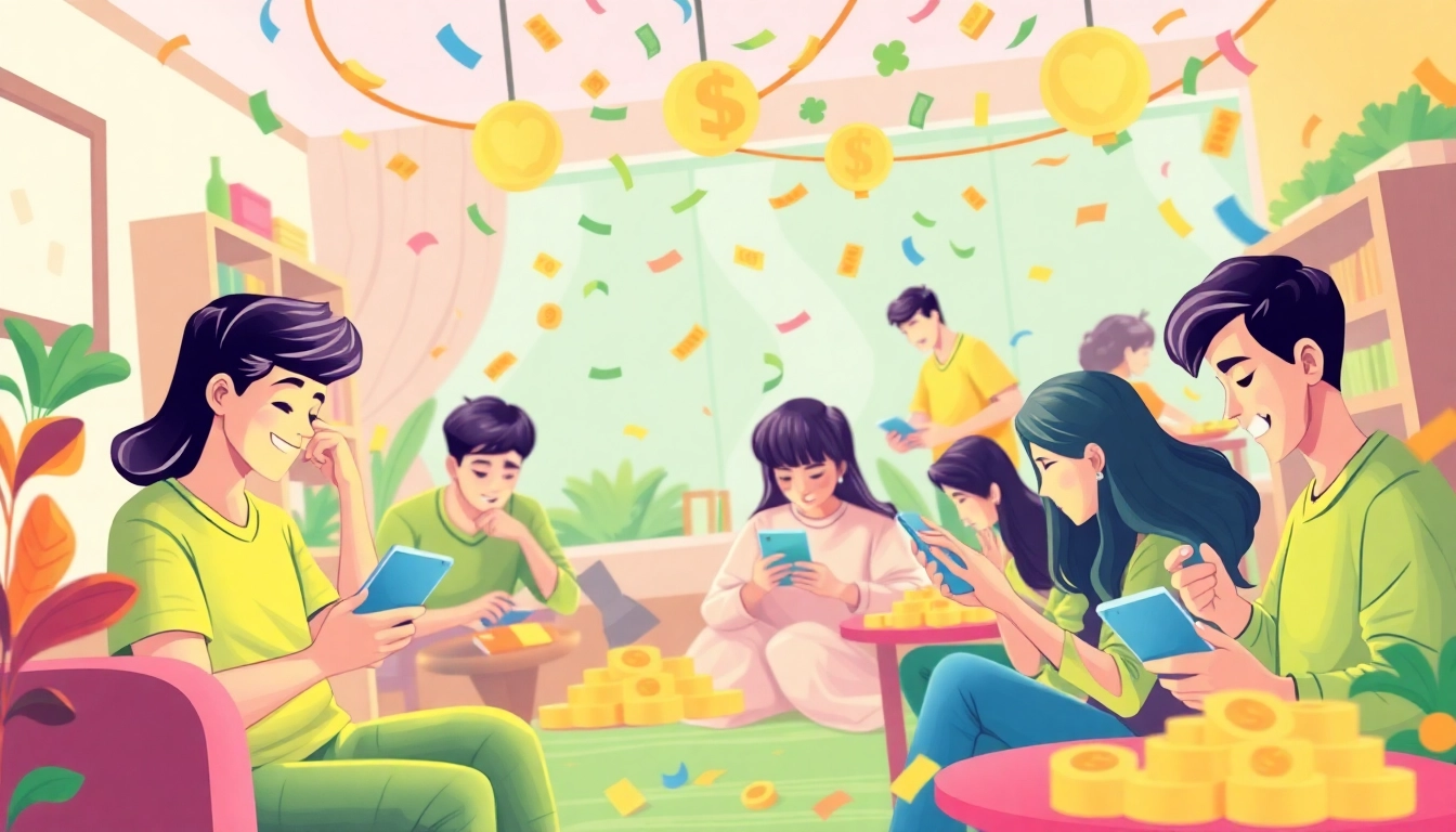 Momen seru togel online resmi dengan pemain bahagia yang asyik bermain togel di perangkat mereka.