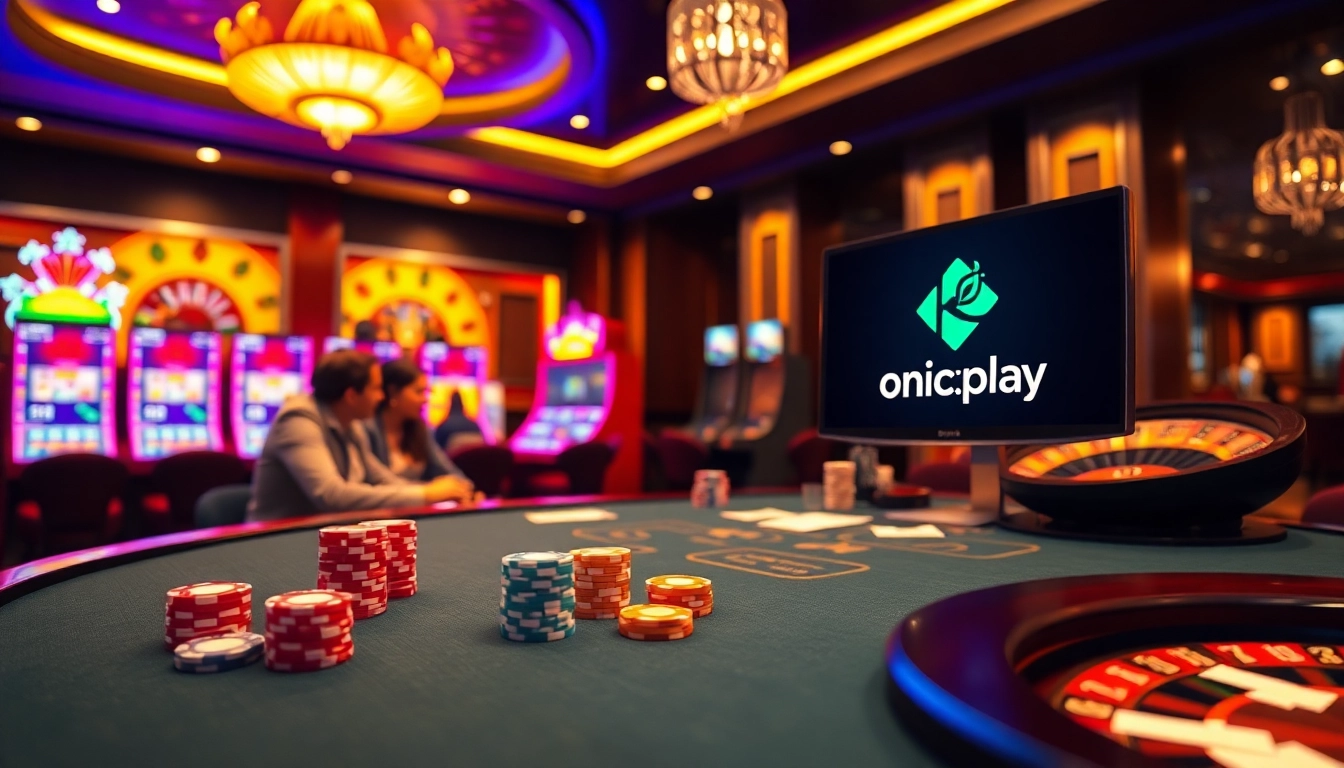 Gambling scene depicting link alternatif onicplay with poker chips and roulette wheel in a luxurious casino