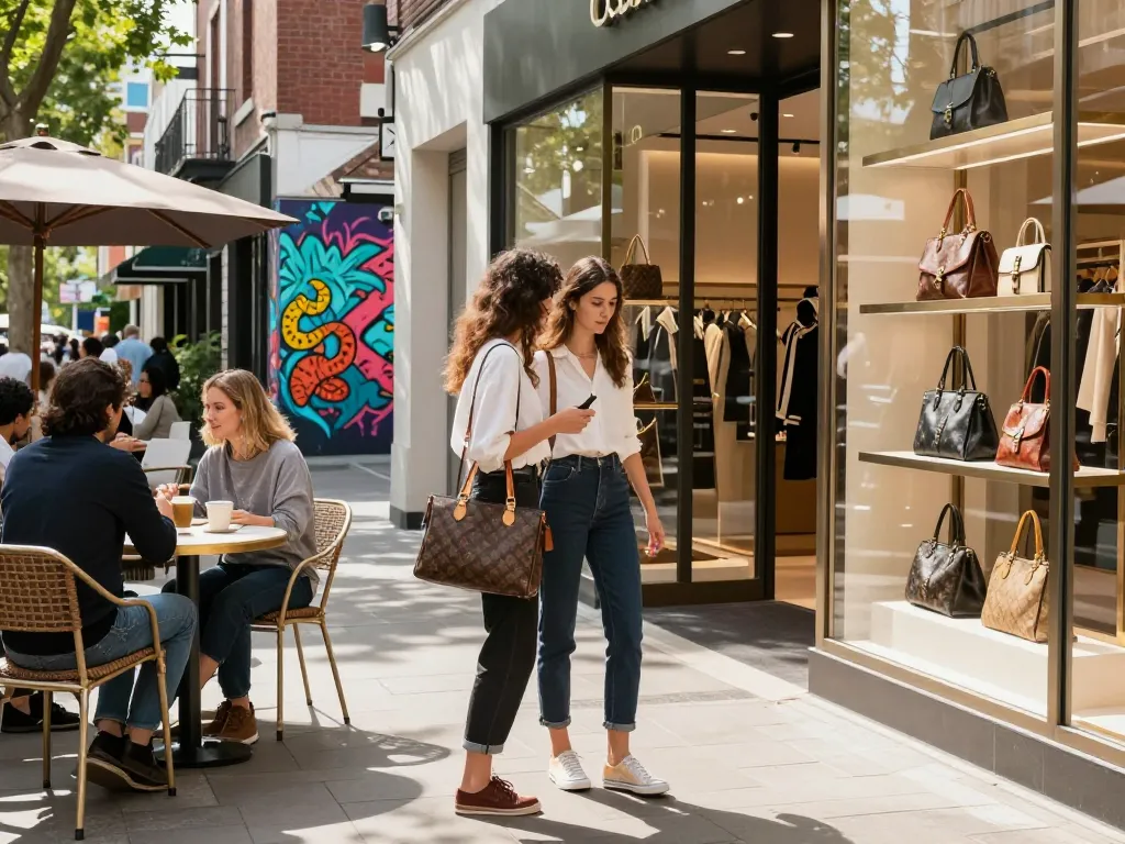 Stylish shopper exploring premium 레플리카 accessories in an urban boutique.