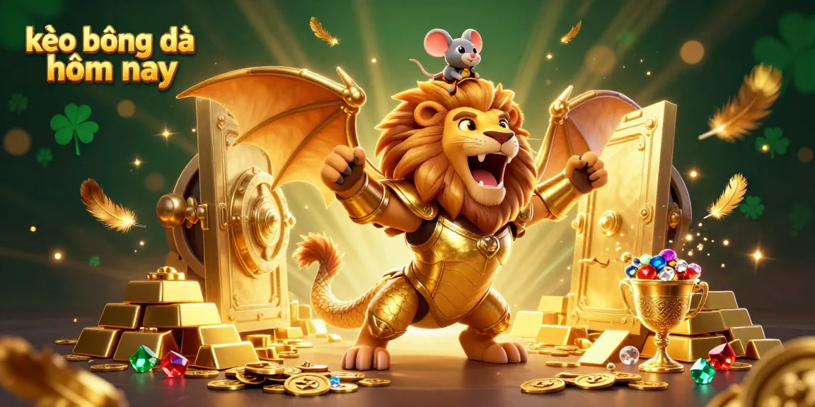 Engage with kèo bóng đá hôm nay featuring a triumphantly roaring chimera and gold treasures illustrating sports betting excitement.
