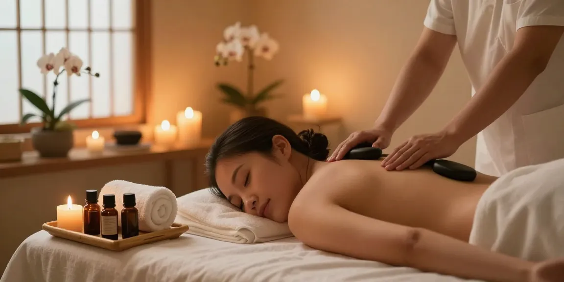 24시 출장안마 서비스 도중 편안한 스파 치료를 받는 모습, 부드러운 조명 아래에 있습니다.