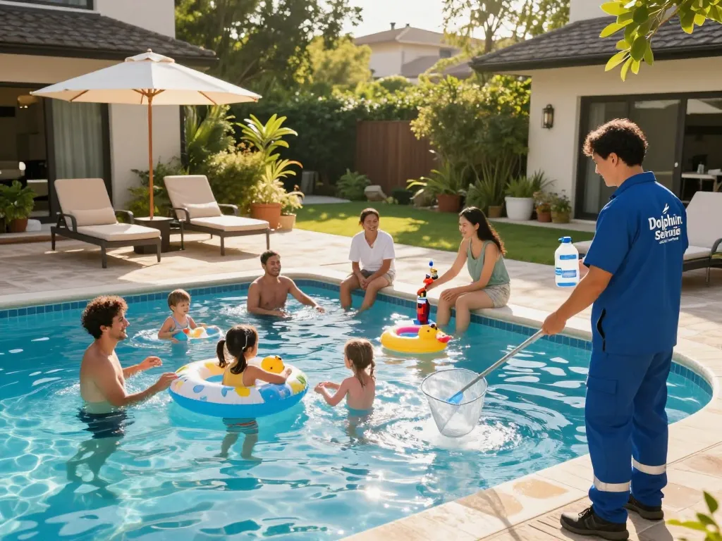 Dolphin Pool Services professional conducting maintenance while family enjoys sparkling pool.