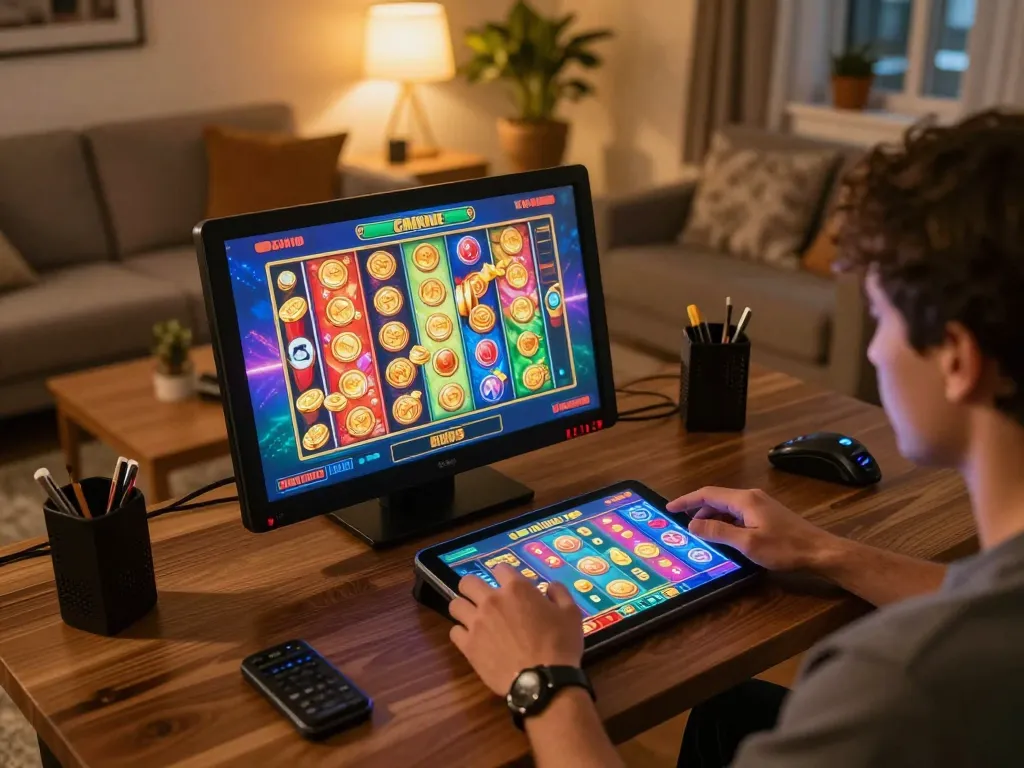 IDCASH88 players enjoying slot games on a tablet in a cozy, inviting home setting