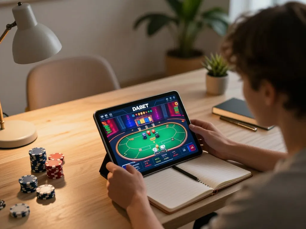 DABET user engaging with online poker game on tablet, showcasing strategic gameplay in a cozy home office.