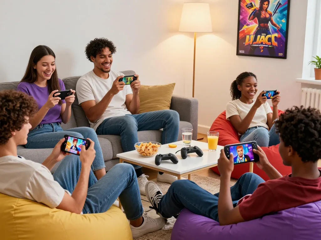 Players immersed in free sex games at home, featuring diverse gaming devices and a lively atmosphere.