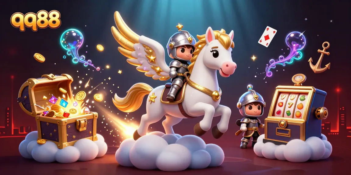 Engage with qq88's thrilling casino experience represented by a 3D celestial horse and treasures.
