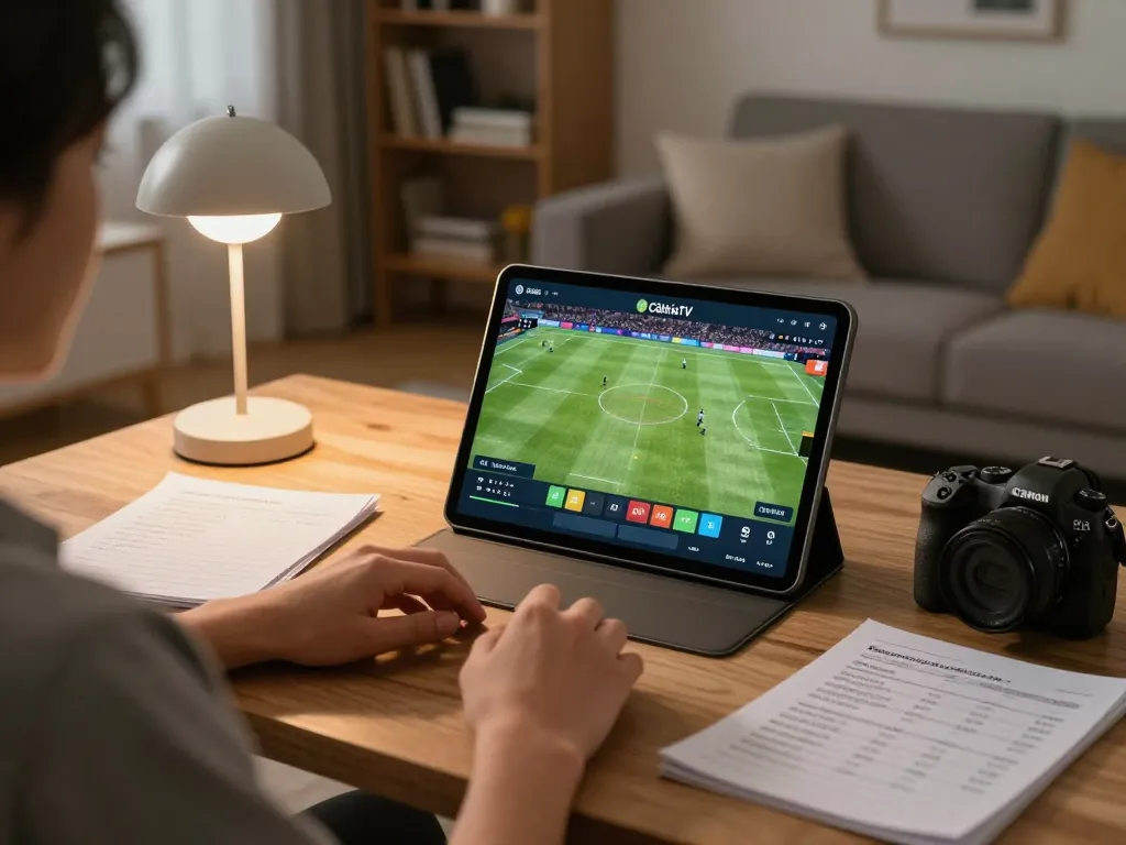 CàkhịaTV user viewing soccer match on tablet in a cozy home setting.