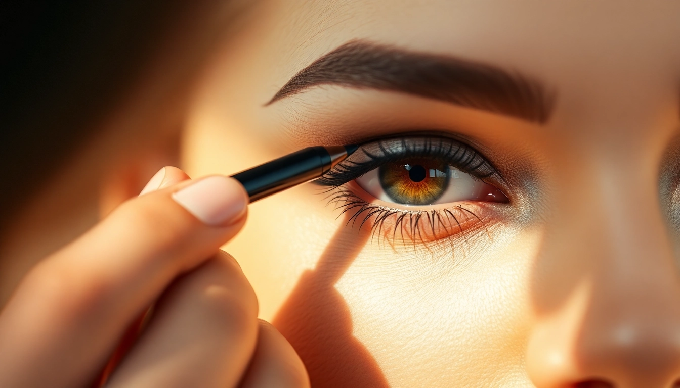 Applying a tattoo eyeliner pen for flawless eye makeup.