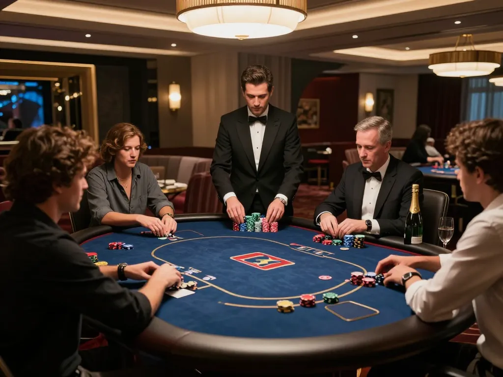 VIP poker game in a luxurious casino setting, showcasing players engaged at their official website