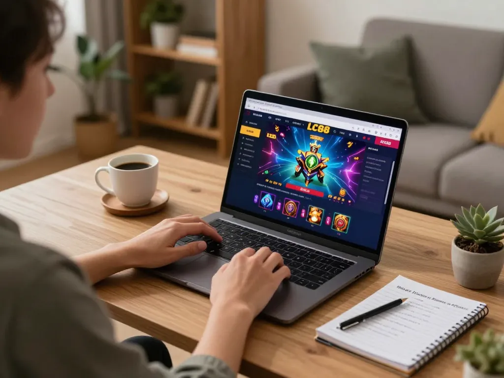 Engaging with LC88 casino on a laptop at home, showcasing a personalized online gaming environment.