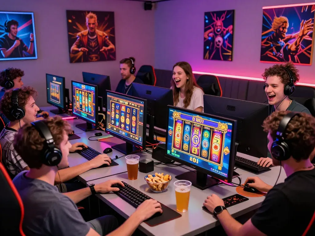 Excited players enjoying situs slot gacor games in a vibrant gaming room.
