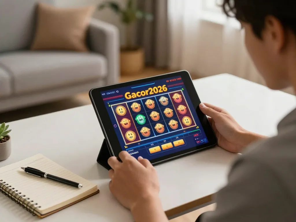 Engaging player enjoying slot-gacor2026 online gaming on a tablet, showcasing excitement and strategy.