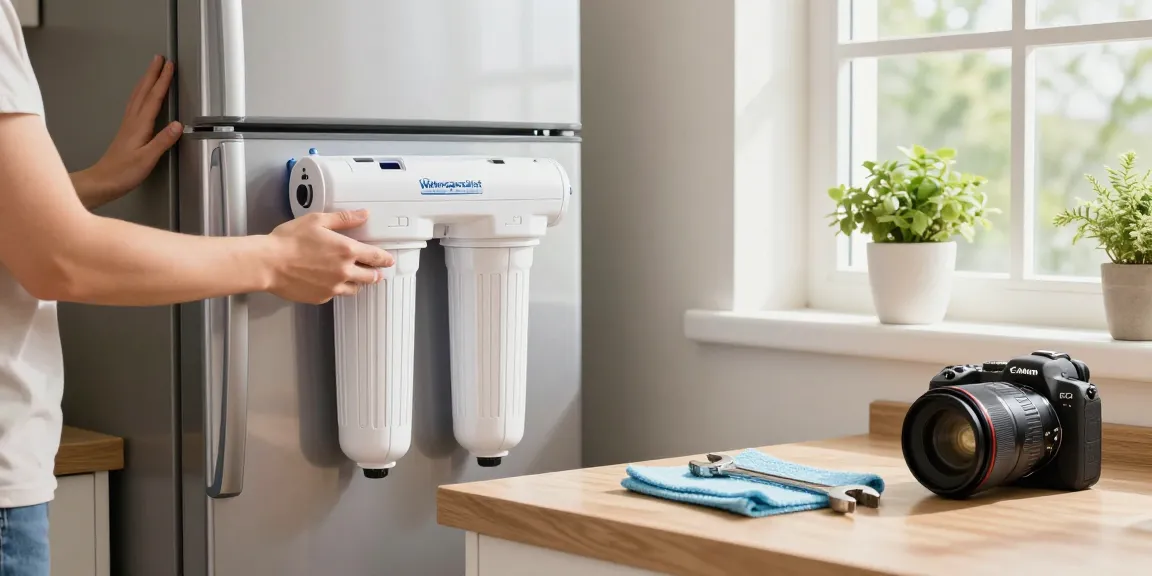 Person replacing Waterspecialist ADQ73613401 Refrigerator Water Filter in a bright kitchen.