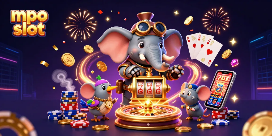 Spin the mpo slot for thrilling wins with a steampunk elephant and dynamic casino elements in a vibrant setting.