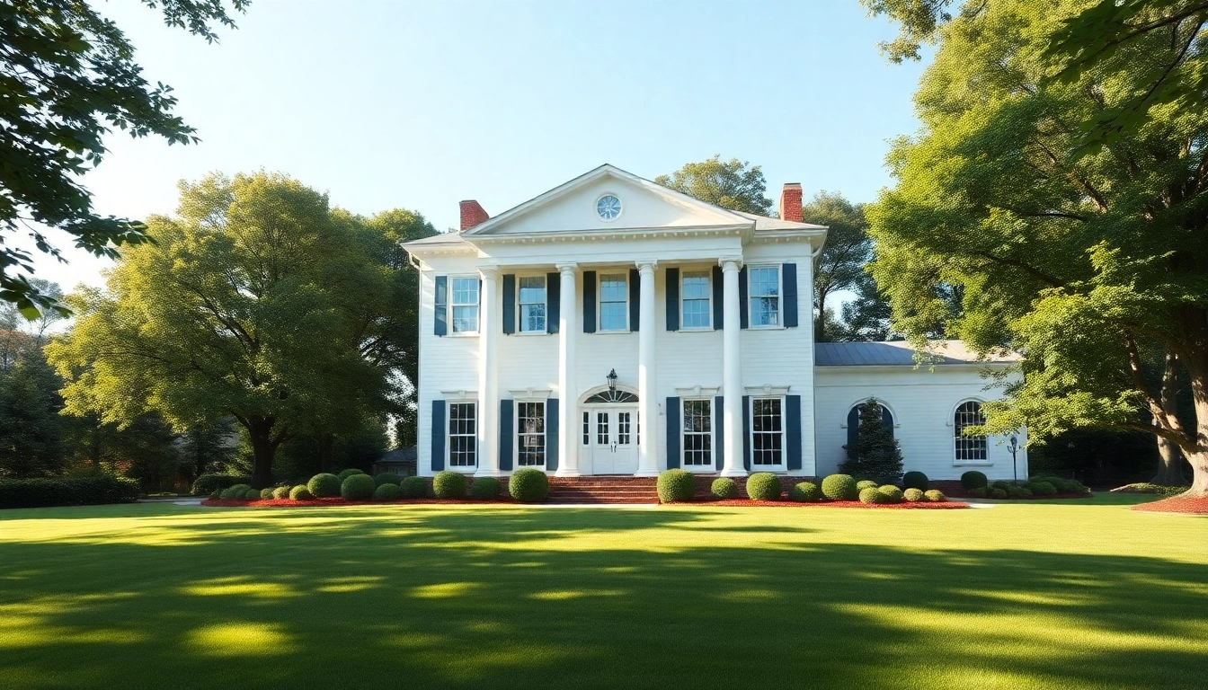 Beautiful colonial home build with white columns and lush greenery in the background.