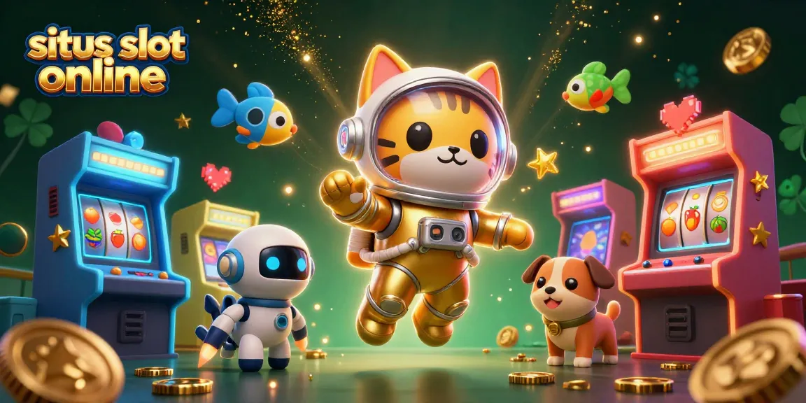 Experience thrilling jackpots with situs slot online illustrated by cartoon space characters in a vibrant gaming scene.