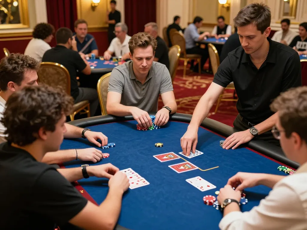 Players engaging in intense poker gameplay at SUNWIN's luxurious casino, showcasing the strategic environment and excitement.