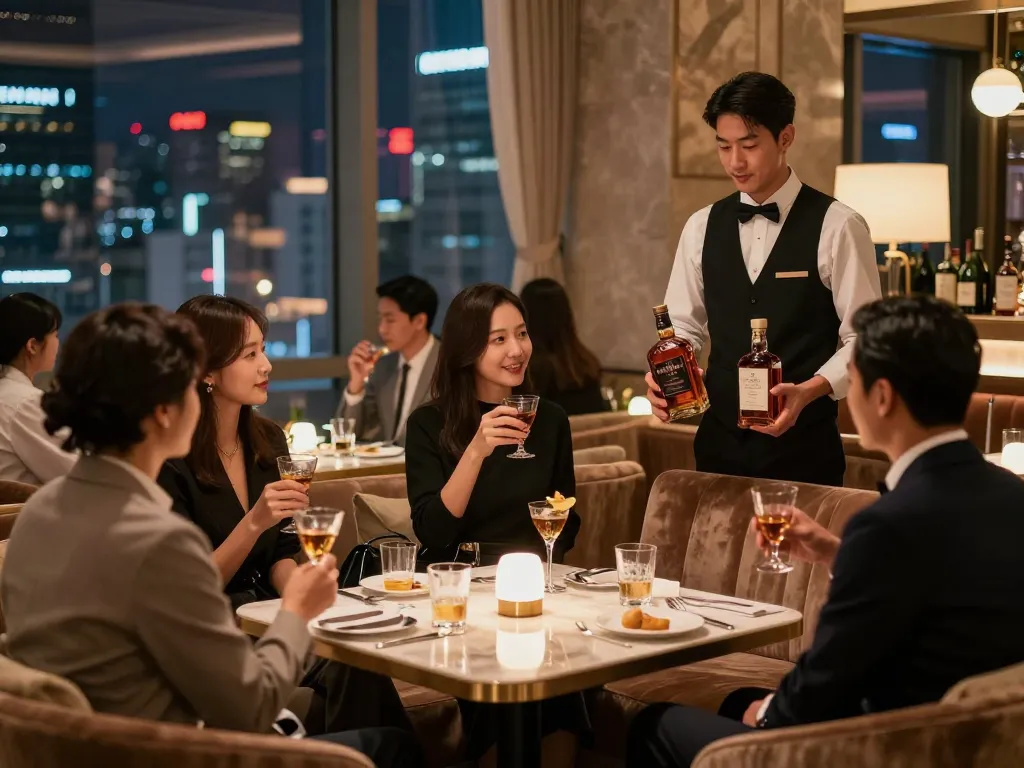 Elegant 강남쩜오 nightlife scene with luxurious decor and patrons enjoying drinks.