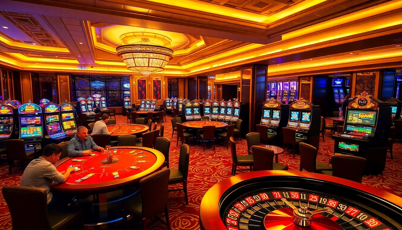 SODO casino players engaged in a high-stakes game with vibrant slot machines and roulette tables.