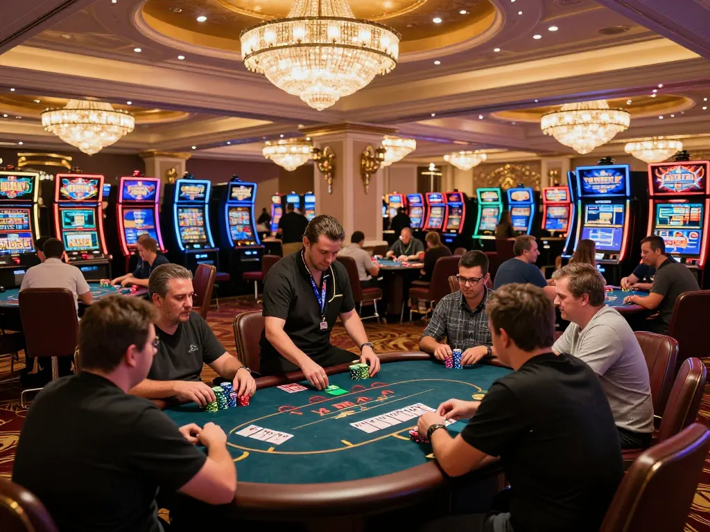 Experience the exhilarating atmosphere at ATQ's premier casino with enthusiastic players engaged in poker.