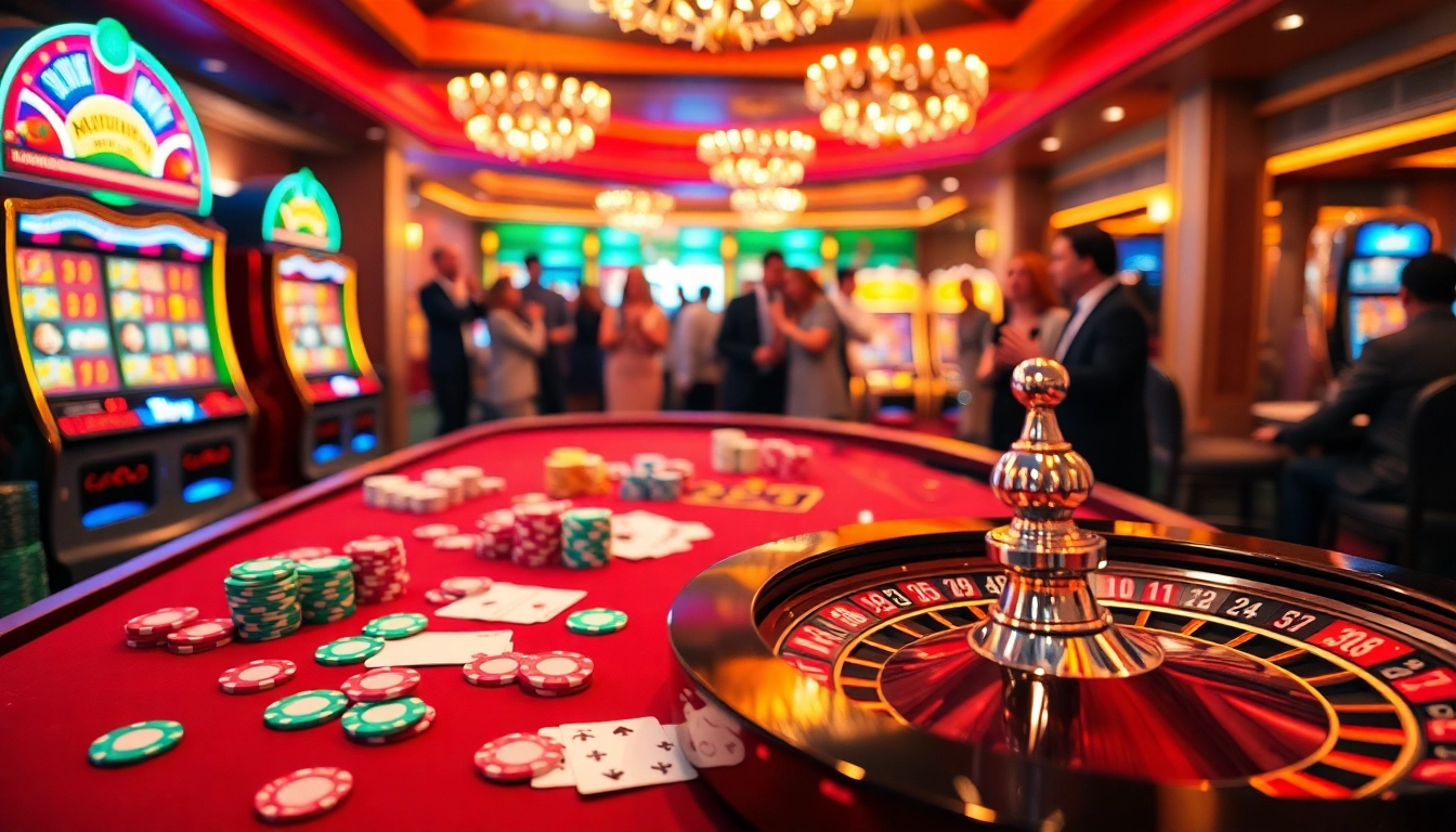 Exciting online gambling atmosphere featuring casino tables and vibrant slot machines. Visit Hoki77 for the ultimate gaming experience.