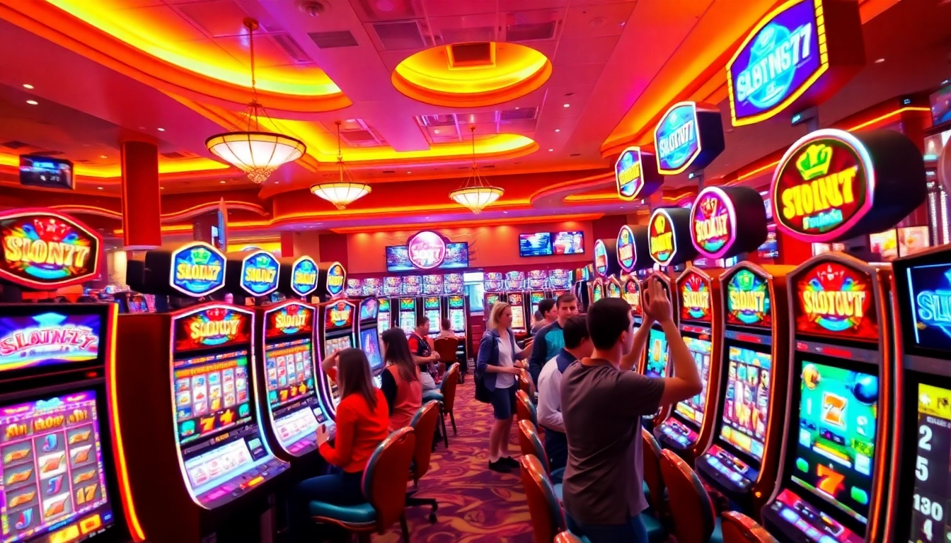 Permainan slot777 dengan mesin slot berwarna cerah di ruang kasino yang ramai.