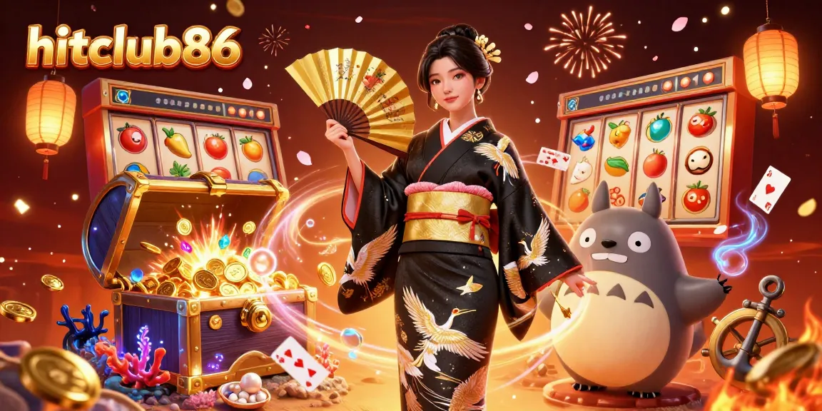 Engage in thrilling gaming action at hitclub86 with vibrant 3D illustration featuring a skilled Asian woman and wise tanuki in a casino atmosphere.