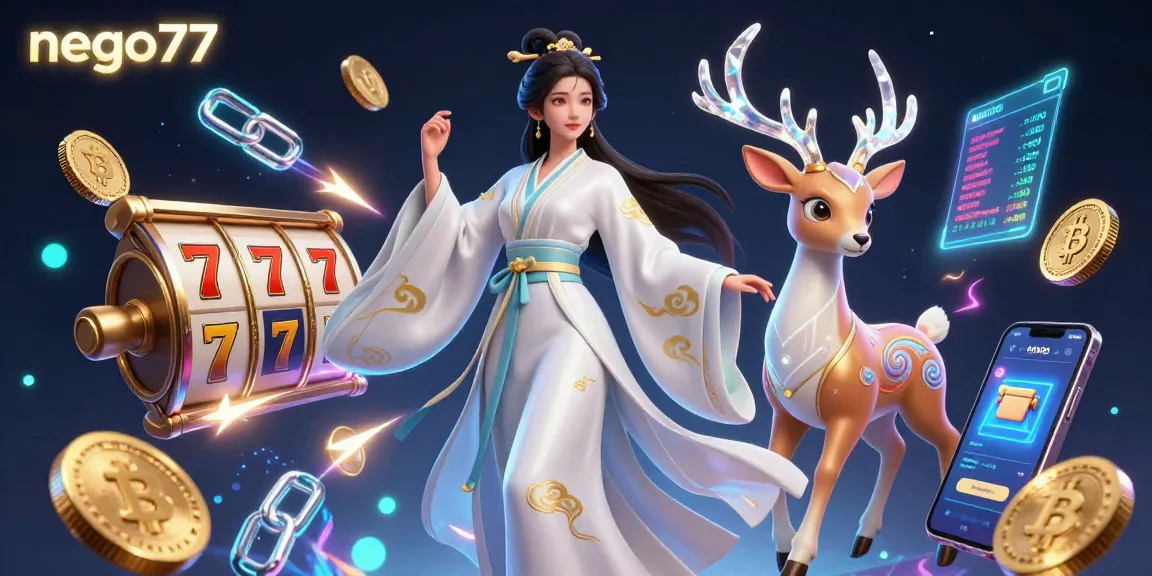 Nego77 brings engaging slot gaming excitement with vibrant character animation and crypto elements in a stunning illustration.