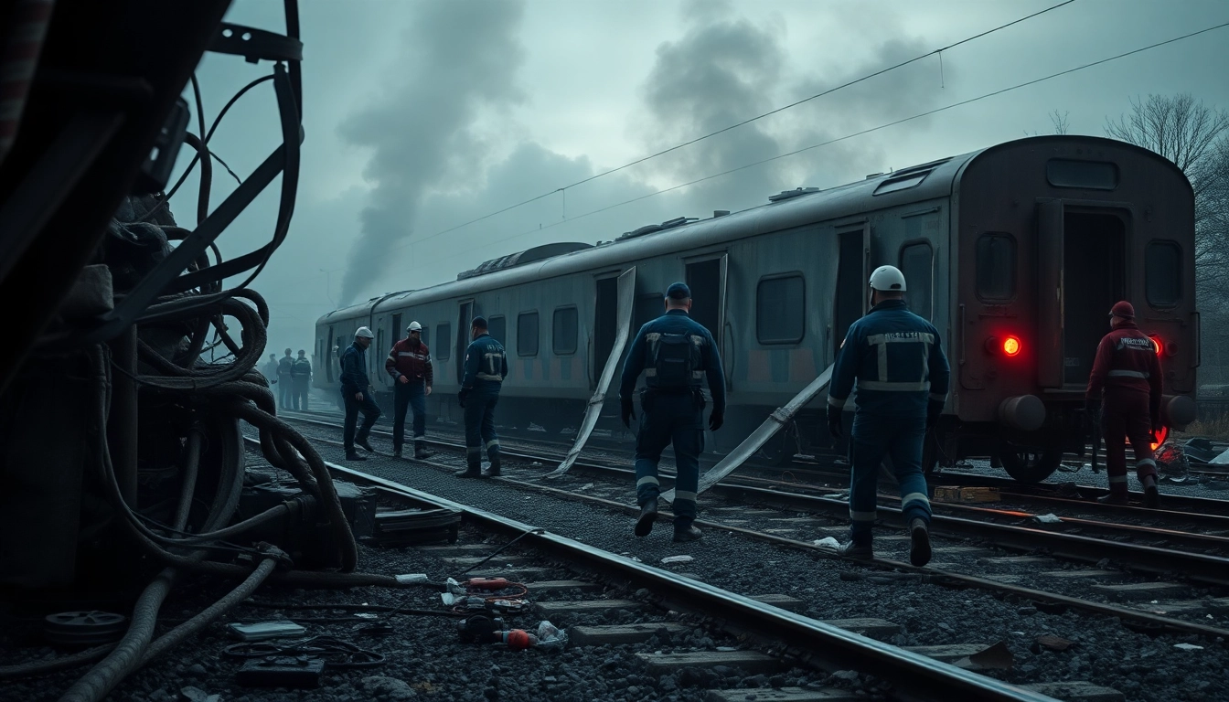Spain train crash aftermath with emergency responders assessing the chaotic scene.