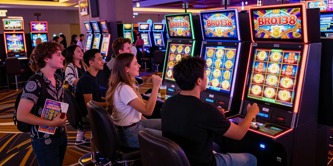 Exciting scene of friends celebrating a win at the bro138 slot machine in a lively casino setting.