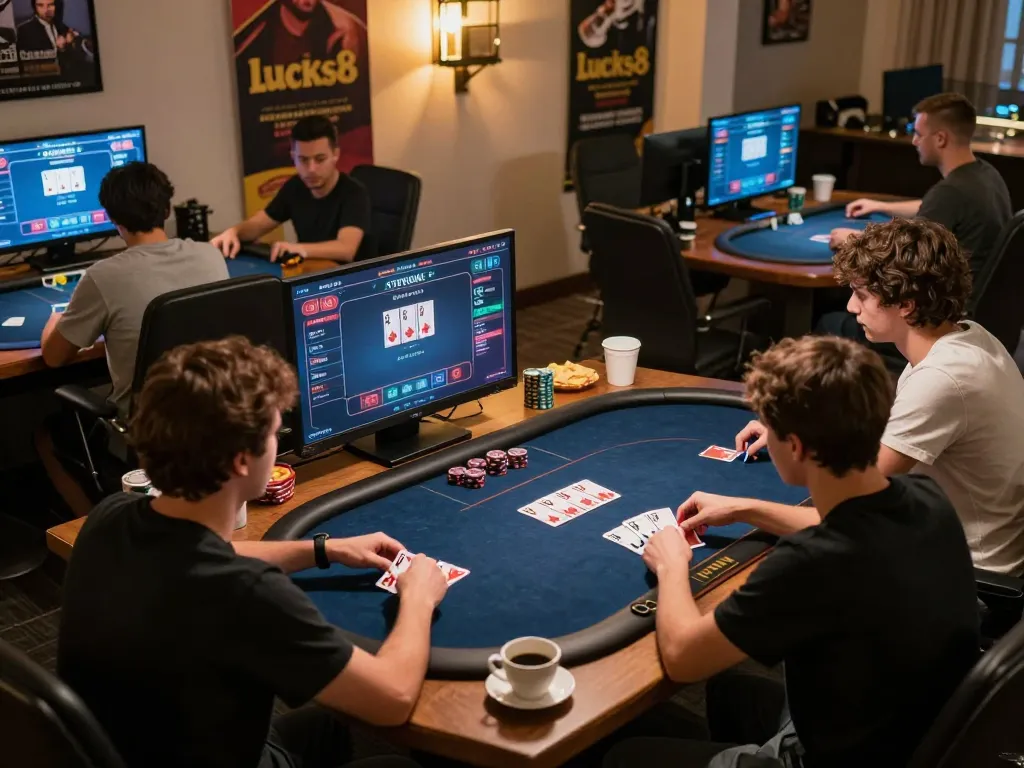 Chơi poker trực tuyến tại lucks8 với bạn bè trong một không gian văn phòng tại nhà hấp dẫn.