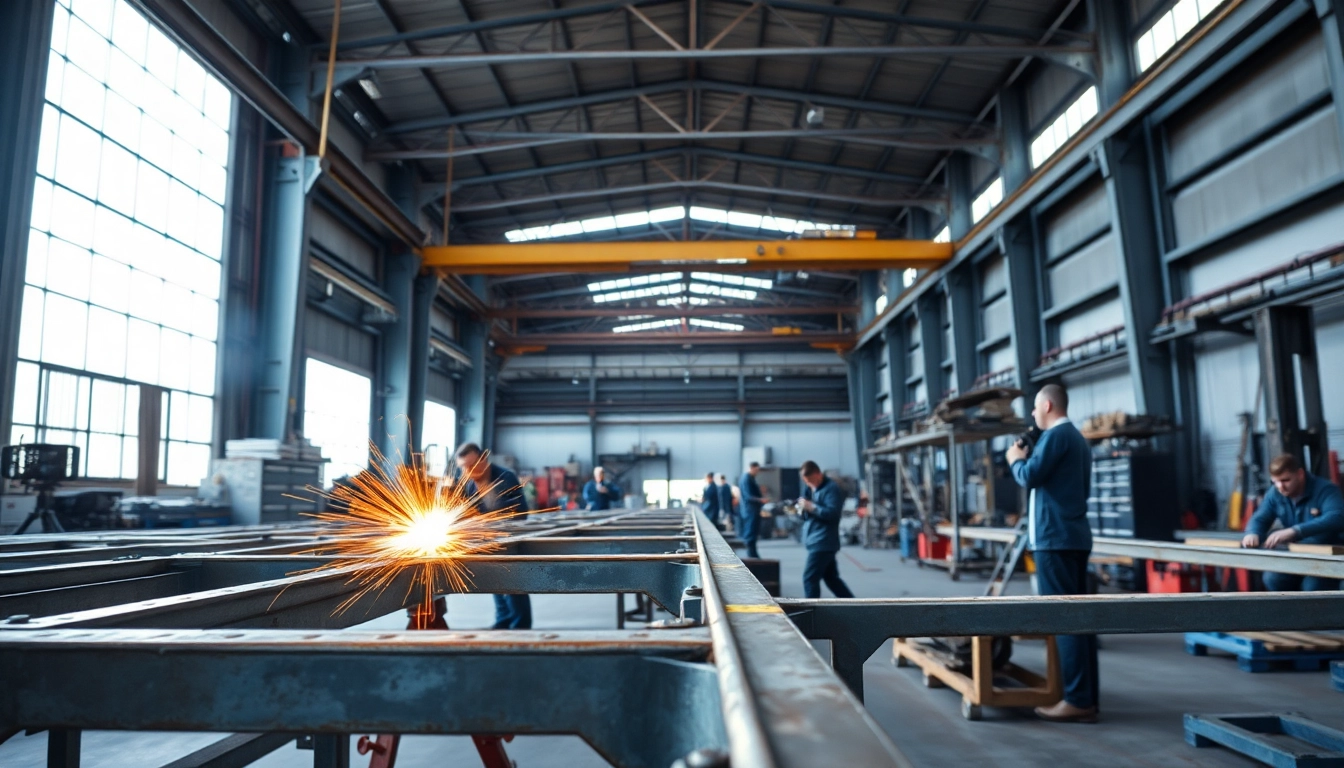 Craftsmen working in a steel fabrication shop, showcasing precision and teamwork in metal assembly.