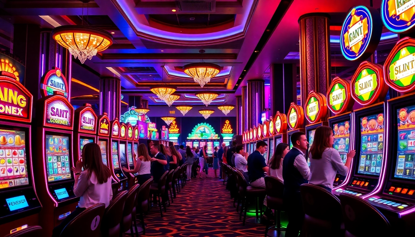 Permainan slot online yang mengasyikkan di kasino modern dengan lampu cerah dan pemain bersemangat.