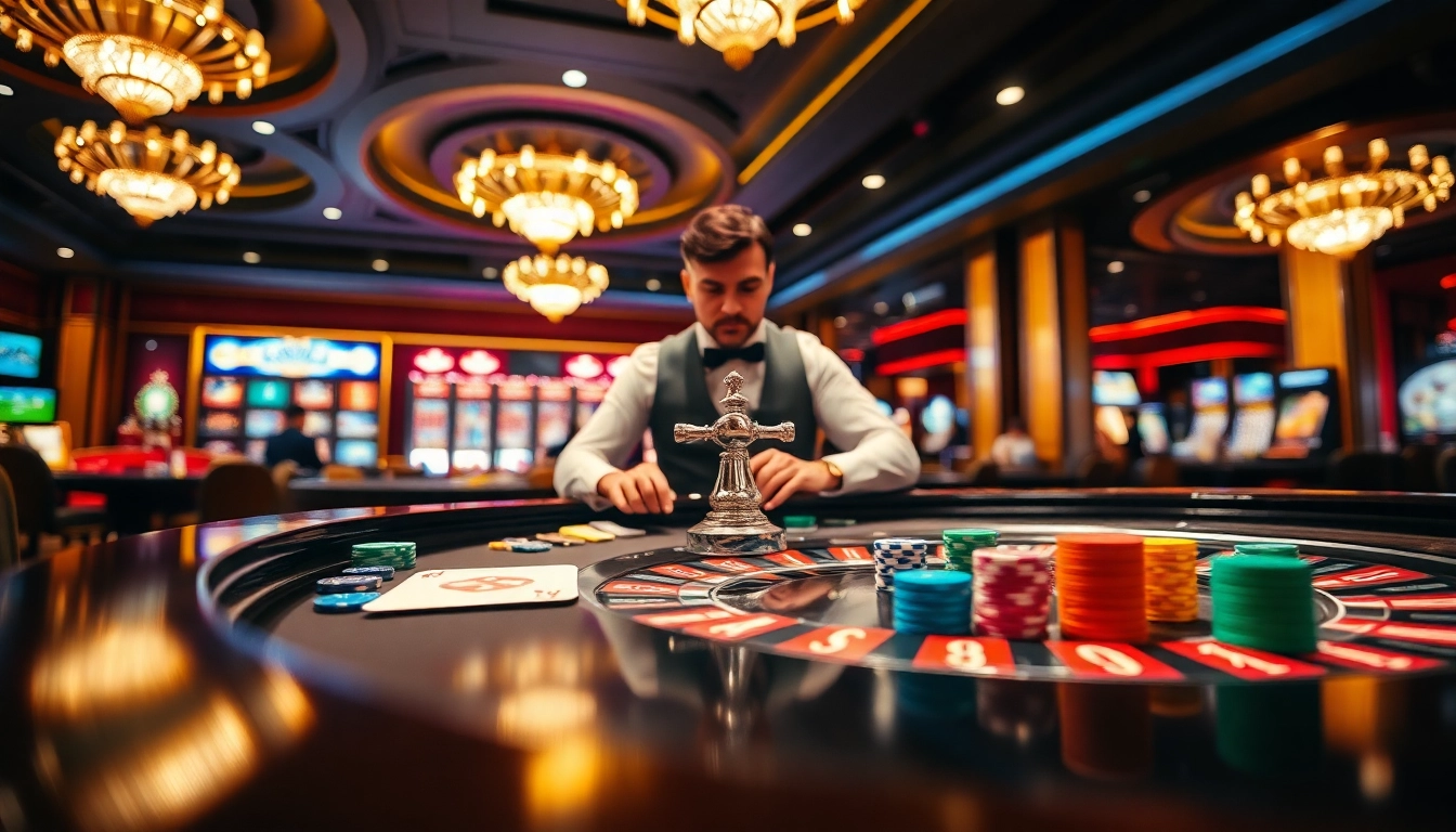 Permainan xgslot88 dengan dealer dan meja roulette yang meriah.